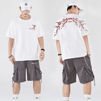 Çiçek Nakış %100 % Pamuklu T-shirt Erkekler Yaz Streetwear Kısa Kollu Tee Erkek Rahat O-Boyun Temel Tshirt