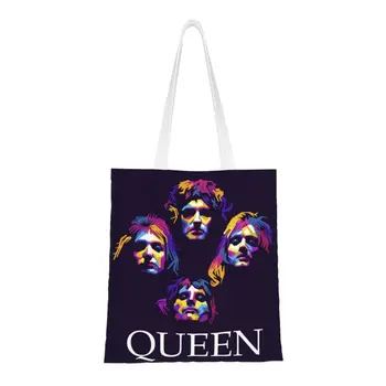 Özel Freddie Mercury Kraliçe Tuval Alışveriş Çantaları Kadın Taşınabilir Bakkaliye Rock Grubu Tote Alışveriş Çantaları
