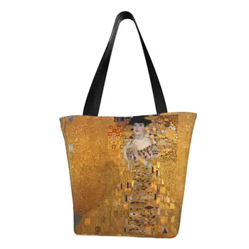 Özel Gustav Klimt Alışveriş keten çantalar Kadın Yıkanabilir Bakkal Boyama Sanat alışveriş bez çantalar