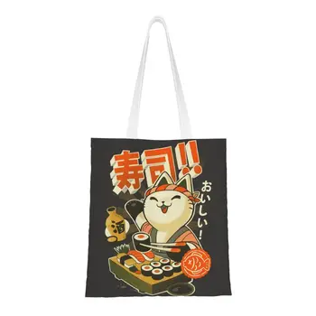 Özel Japon Gıda Tuval alışveriş çantası Kadın Taşınabilir Bakkaliye Suşi Şef Kedi Tote Alışveriş Çantaları