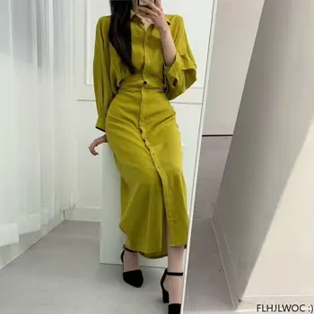 Şık Kore Moda Giyim Ofis Bayan 2023 Yeni Kadın Retro Vintage Uzun Kollu Temel Tek Göğüslü Düğme Gömlek Elbise Uzun